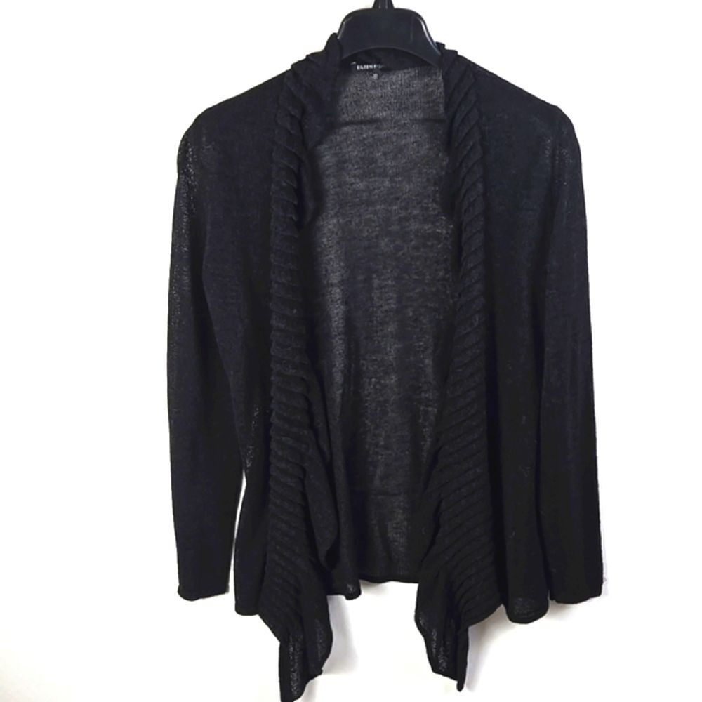 Eileen Fisher Women's Linen Blend Open Front Sheer Black Cardigan Sz M